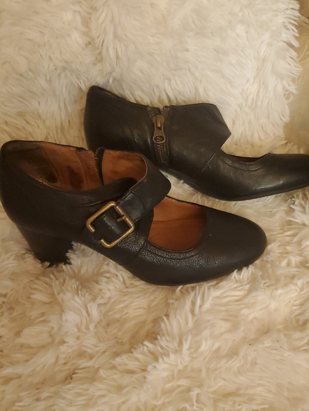 Clarks Black Leather Mary Jane Heels with Buckle and Side Zip